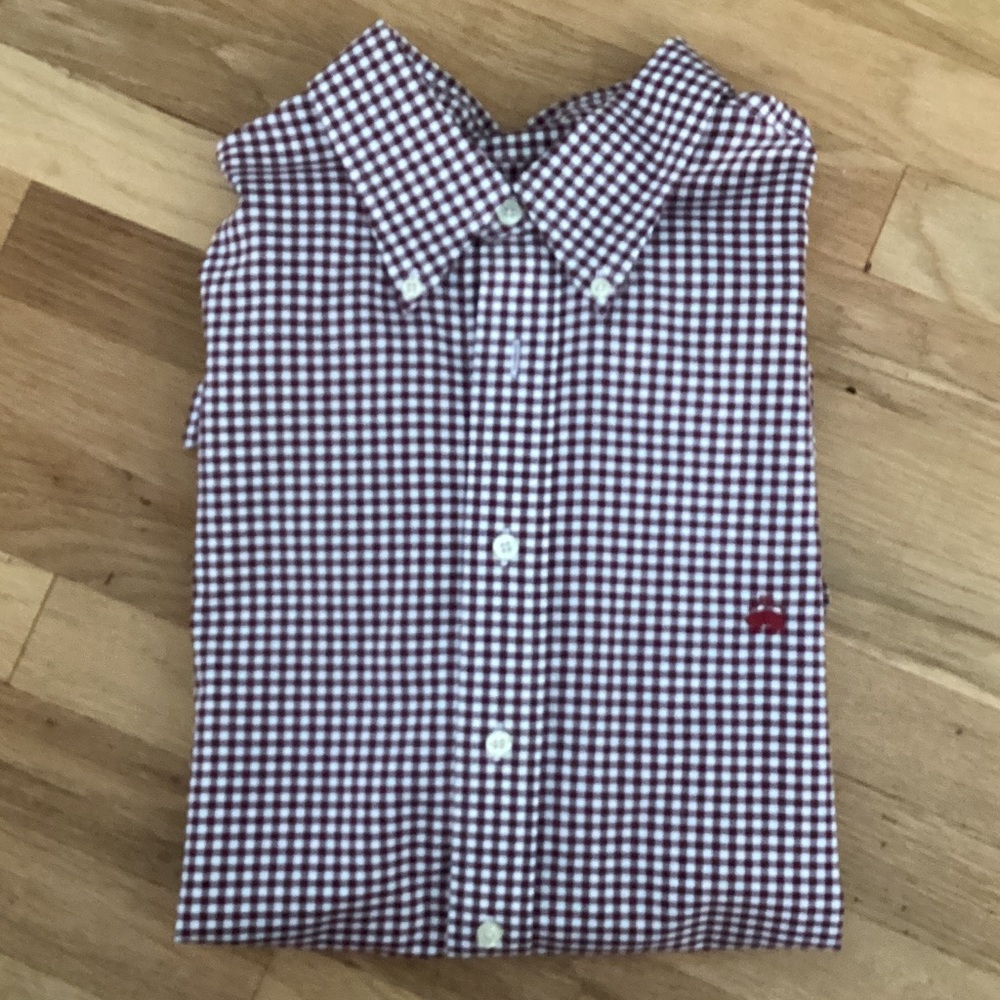 Brooks Brothers Boys Burgundy and White Gingham Button-Down Shirt.  Large